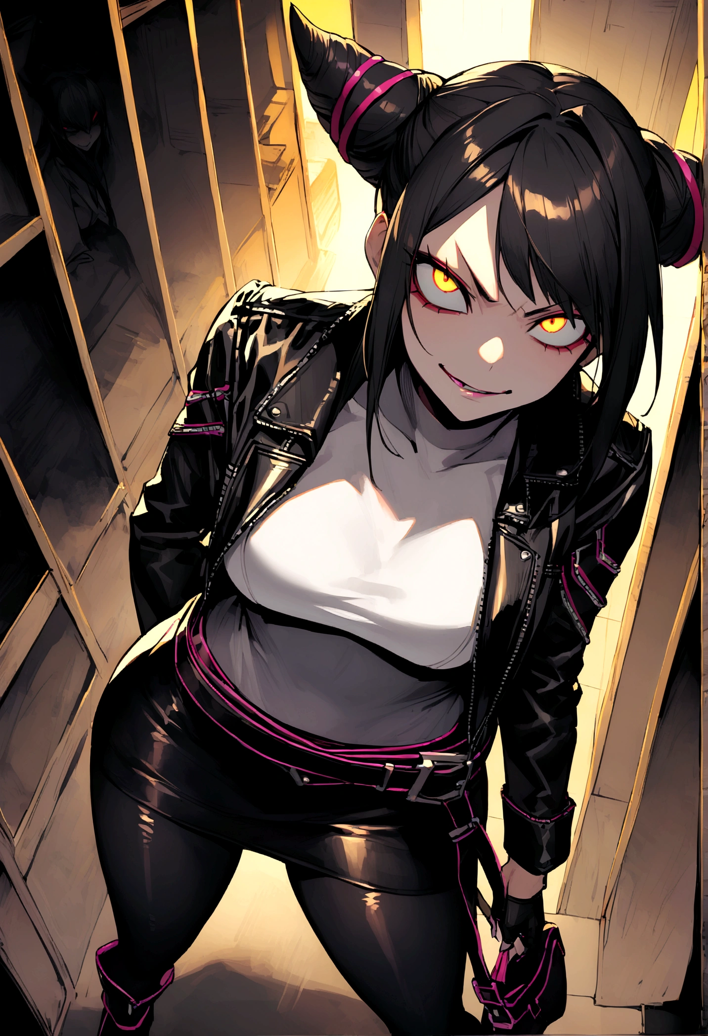 juri han,beautiful young warrior , with a very detailed and beautiful face, beautifuleyes, beautifuleyes, gorgeous face, beautiful young woman wearing long black leggings with black details, short mini skirt, usando leather jacket preta, Standing in an office, wearing black boots, horn hair, with black fringe, , evil smile ,white sweater with strap around, serious look,usando leather jacket preto, leather jacket,staring overhead,yellow lighting, evil smile,hands in jacket bag