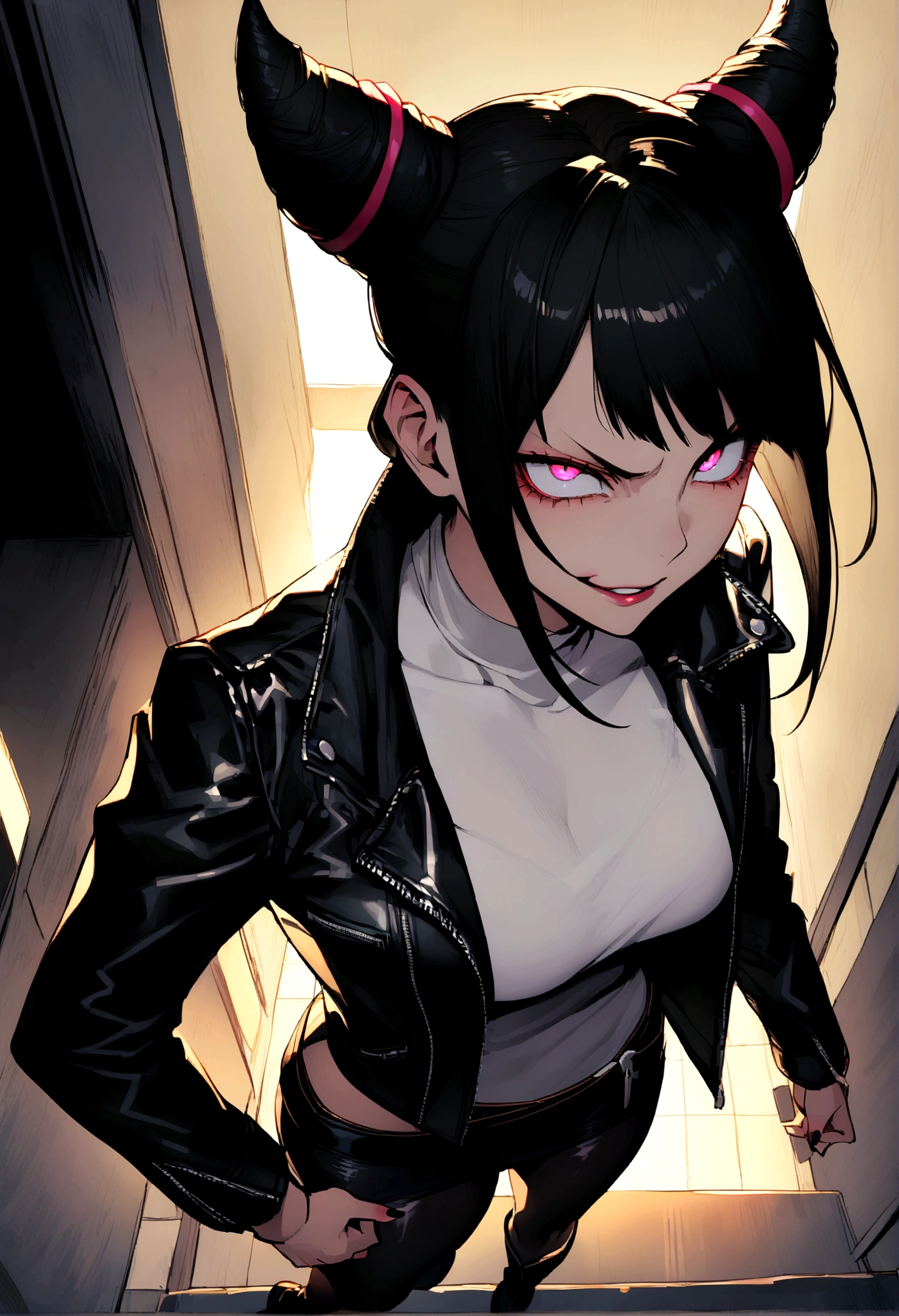 juri han,beautiful young warrior , with a very detailed and beautiful face, beautifuleyes, beautifuleyes, gorgeous face, beautiful young woman wearing long black leggings with black details, short mini skirt, usando leather jacket preta, Standing in an office, wearing black boots, horn hair, with black fringe, , evil smile ,white sweater with strap around, serious look,usando leather jacket preto, leather jacket,staring overhead,yellow lighting, evil smile,hands in jacket bag
