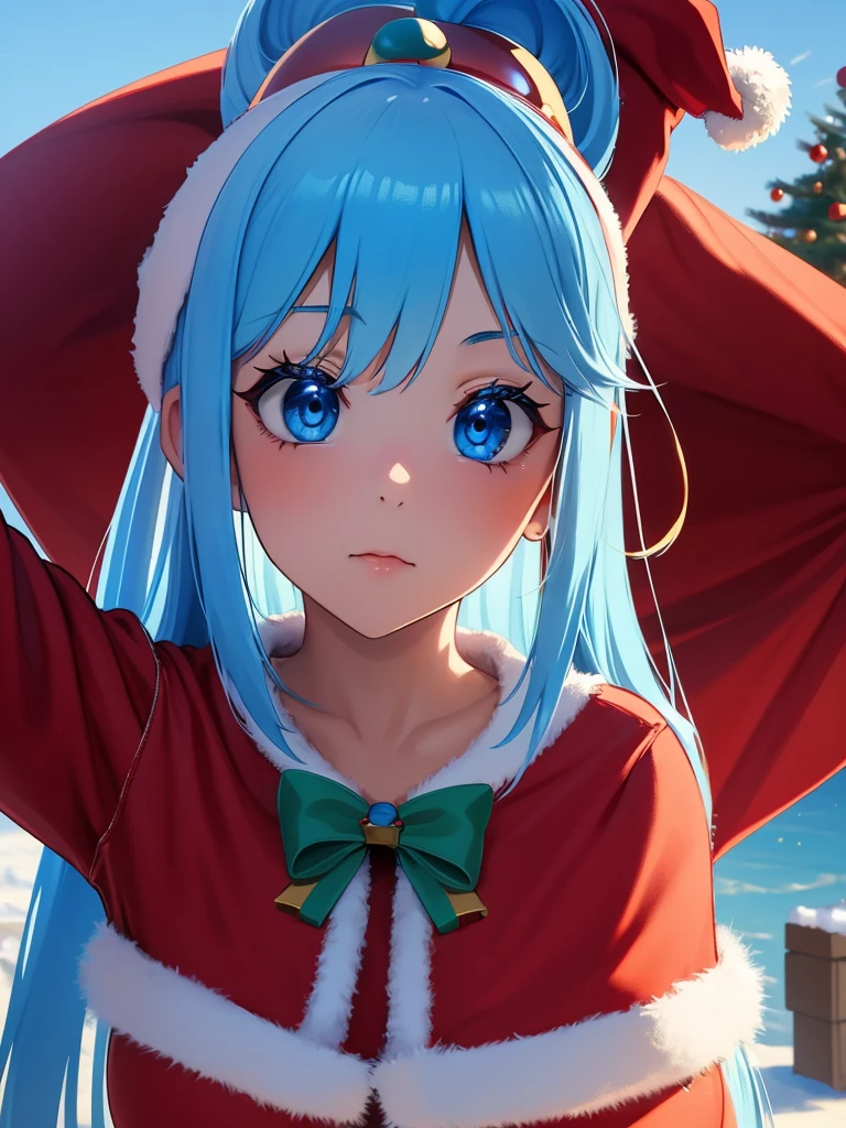 ((top quality)), ((masterpiece)), (Miniskirt with Santa Claus detailing), Red Santa Dress, Santa hat,perfect face, 1 girl, Aqua Konosuba