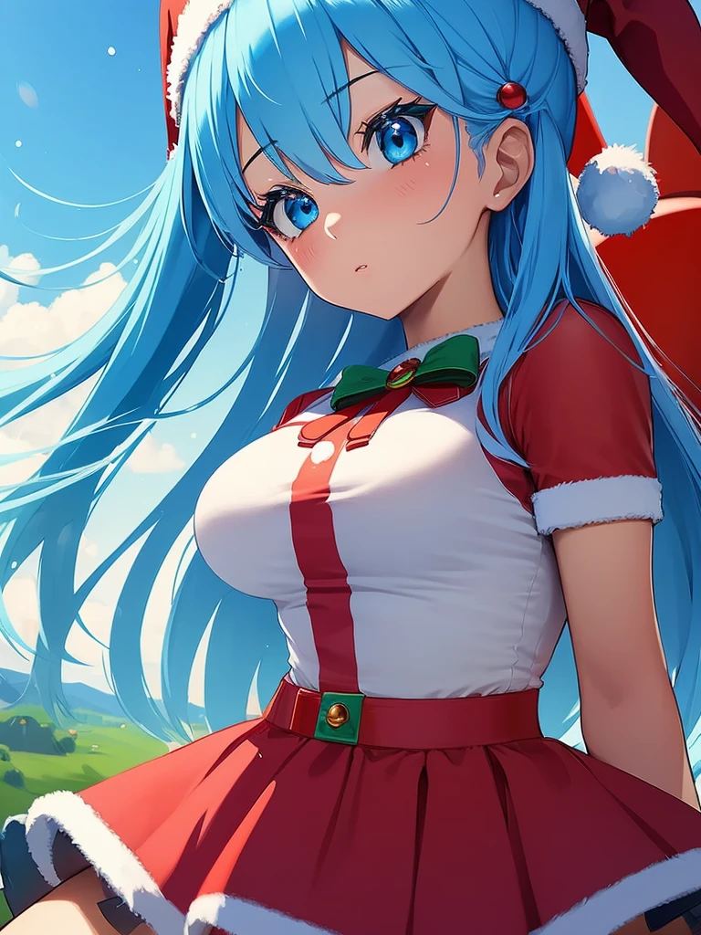 ((top quality)), ((masterpiece)), (Miniskirt with Santa Claus detailing), Red Santa Dress, Santa hat,perfect face, 1 girl, Aqua Konosuba