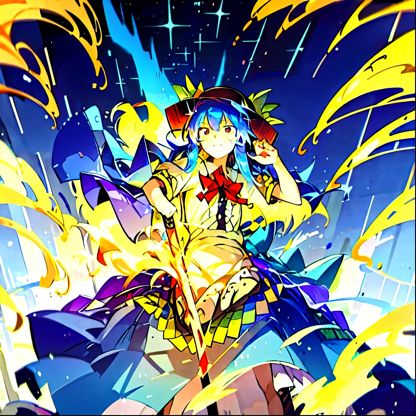 masterpiece, best quality,  Hinanawi Tenshi holds a flaming sword in both hands and faces him, with a firm gaze. The surrounding rubble is floating, and the starry sky is dark.