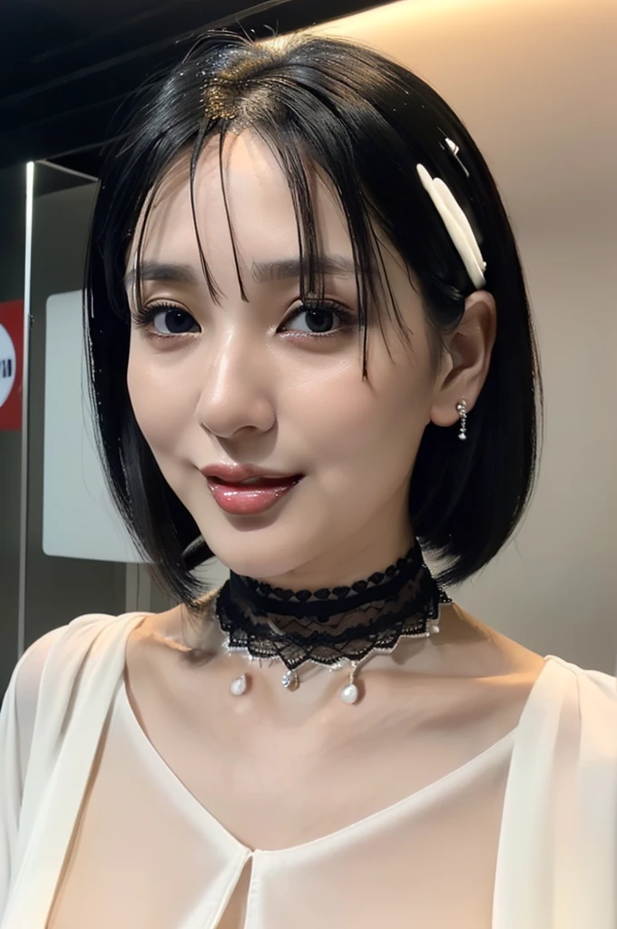 (((Ultimate Photorealistic, ultimate high-quality 32k photo))),(((A cowboy-shot photo taken from the front, looking at viewer))),(((( Seductive pose, 7 heads、Staring Intently :1.8)))),(((A pure white business blouse with a wide V-neck and extremely thin fabric., Soaking wet、She is looking straight at the camera with a very shy look on her face.。light makeup、elegant black wet middle bob。Elegant white thin choker:1.4)))。((Highest quality)), ((masterpiece)), (((detailed))), (midnight ,Tokyo bus stop on a dark, pouring, stormy night, Low Key Lighting:1.6)、(((A very beautiful, extremely elegant and intelligent 42 year old Japanese woman。Very intelligent and plump。An extremely elegant, calm and modest smile, Being drunk、My eyes are quite watery、I&#39;m very horny、embarrassed ,blush, Curvy Body、Extremely realistic, detailed and beautiful depiction of the face and waist:1.9)))、(((The skin is white and very smooth。A very hot rainy summer night、I&#39;m pretty sweaty、My clothes were soaked and pretty see-through.、When wet, it sticks tightly to the skin, revealing the beautiful lines of the body.、Through the extremely thin fabric, her skin and her navy blue, lacy, high-end underwear are clearly visible.:1.9)))。(((A simple and elegant business pencil skirt in a plain navy blue knee-length,The clothes fit the body very well:1.8))), ((Healthy Body、The line of the chest, collarbone and décolletage are extremely beautiful.:1.9))。(((large&good hips、large&nice chests )))