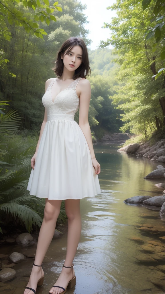 masterpiece, Highest quality, One girl, Fairy, Green Eyes, blonde, (Are standing:1.1), (forest:1.1), throw, Perfect Eyes, Arms at your sides, river, Portraiture, whole body, smile, Heeled Sandals, Beautiful Landscape, wood