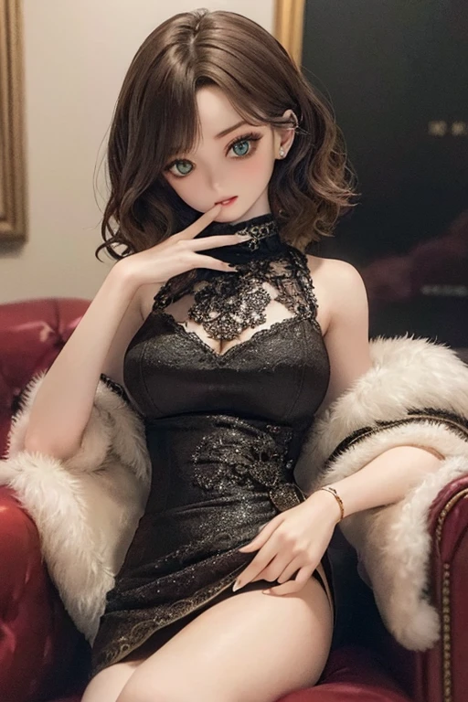 photorealistic, realistic photo, ((highest quality)), ((masterpiece)), detailed, kukolnydom, doll, (mature woman, 22yo, 22 years old:1.6), solo, sitting on sofa, reclining on sofa, green eyes, brown hair, (short hair, wavy hair, parted lips, looking down, skinny, slender, slim, blank eyes, empty eyes, detailed eyes, detailed face:1.3), dress, castle, 8k
