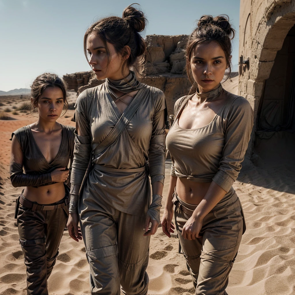 Photographie ultra réaliste d'une cosplayeuse incarnant Rey de "Star Wars". She has brown hair tied in three small buns in a row., and expressive brown eyes. Elle porte une tenue inspirée de Rey, composed of a beige top in light fabric, brown pants, sturdy boots, and bandages wrapped around his arms. Elle tient un sabre laser bleu avec assurance, Ready to fight. The background is a desert with sand dunes, évoquant la planète Jakku. La lumière du soleil couchant crée une ambiance épique et héroïque. La photo est en haute résolution, photorealistic, avec une profondeur de champ parfaite, cinematic light and exquisite detail. 8K, masterpiece, HD, photorealism, contraste parfait, High sharpness.