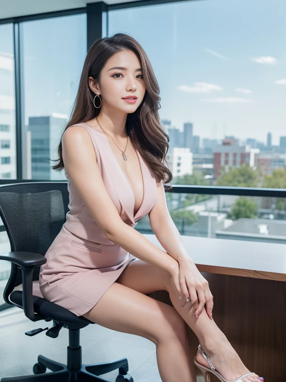 The best quality in the best condition, Realistically, Very detailed, About pubic hair, High resolution, 8k wallpaper, One beautiful woman, Pink wet lips, Light brown messy long hair, wear a dark blue office suit with a short skirt, Perfect dynamic composition, Beautiful Eyes, Delicate hair, Detailed Realistically skin texture, smile, Close-up portrait,(Natural pose), (please lower your arms),Sexy pose, Office background with a view of the building, Photo Background, (Full Body Shot, Toes too), Shooting from a distance, (Sit with your legs together),Earrings,necklace,High heels,Sit in an office chair,(Side Shot),