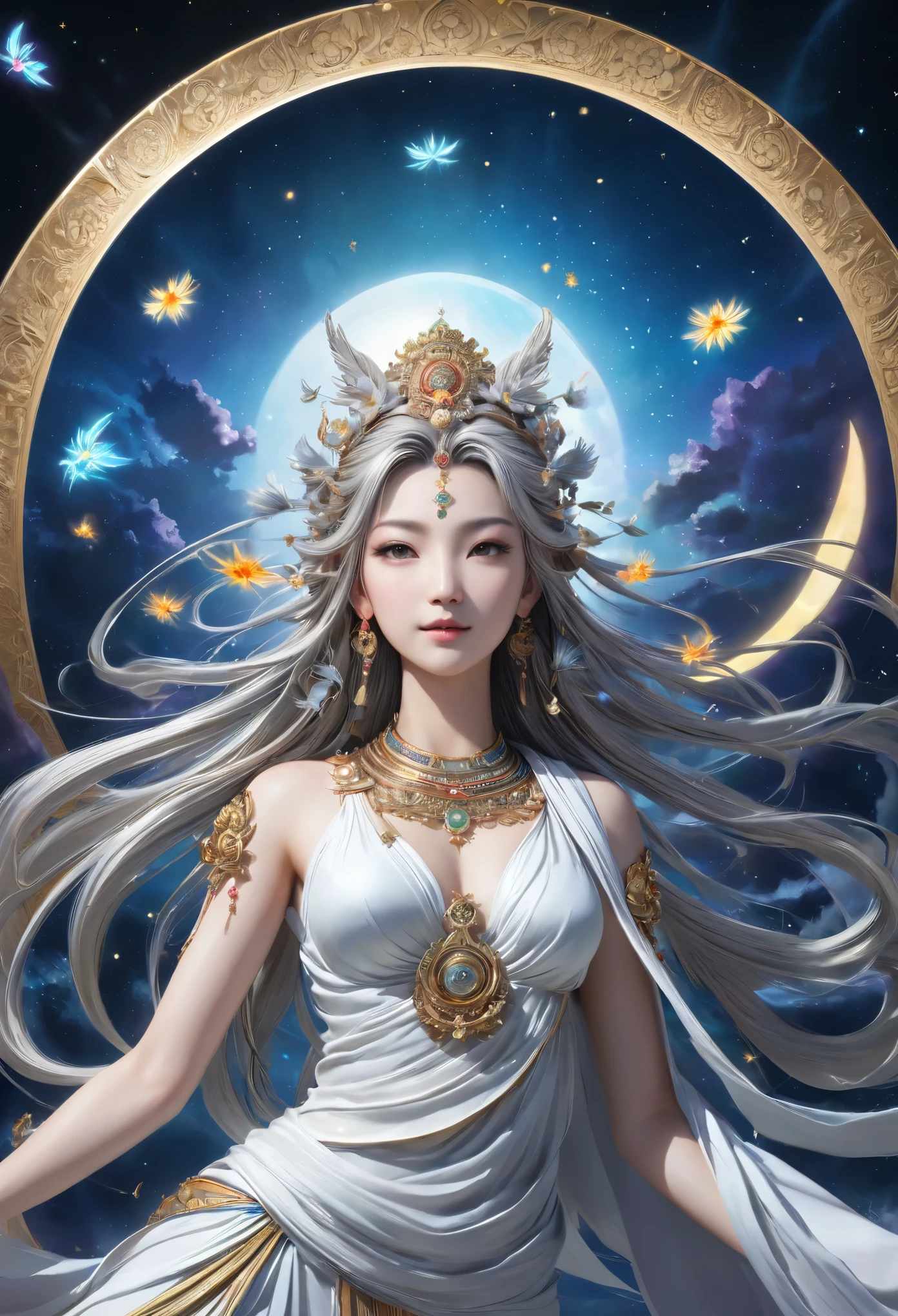 8K resolution, masterpiece, Highest quality, Award-winning works, unrealistic, Final Fantasy, Royal Jewel,Photorealistic Painting by Midjourney and Greg Rutkowski, , elegant, Very detailed, Delicate depiction of hair, Miniature Painting, Digital Painting, Art Station, Concept Art, Smooth, Sharp focus, shape, nature, flight, Thousand Armed Kannon Bodhisattva, Asura, God of War, Castle in the Sky, A strip of light pouring down from the sky, A pillar of light stretching into the sky, Complex colors, Buddhist Mandala, Colorful magic circle, flash, Mysterious Background, aura, A gentle gaze, break, Small faint lights and flying fireflies, night, Starry Sky, milky way, nebula, shooting star, Flowers, bird, Wind and Moon,erotic, Only sexy women, healthy shaped body, Anatomically accurate skeleton, 22-year-old woman, Asura, height: 170cm, big, Hard, Swaying bust, White Tiger