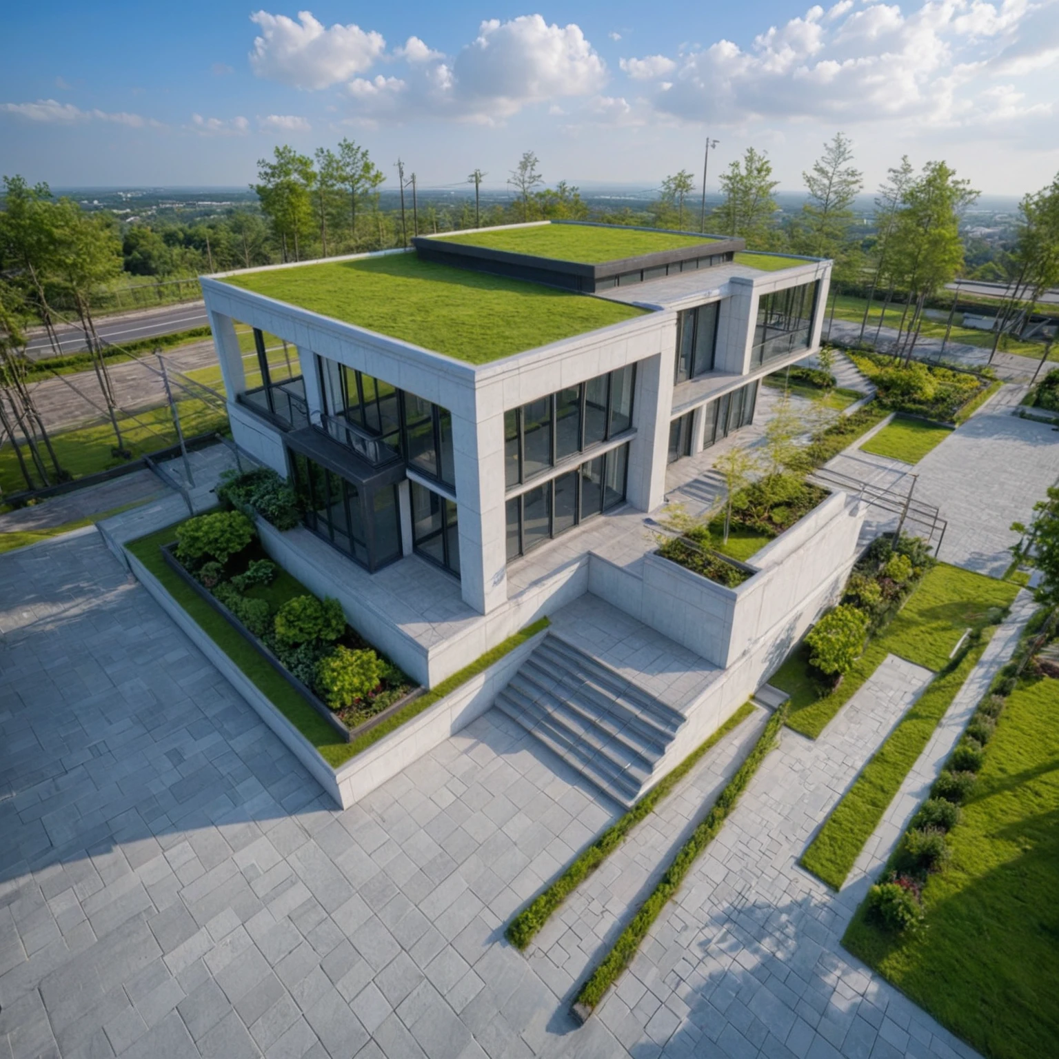 Masterpiece, 4k pixcel, high quality, best quality, authentic, super detail, outdoors, onestoreyvillaXL, aiaigroup, house style modern on the street ,stairs, white wall ,road,pavement, grass, trees, sky, cloud, (daylight:1.1), topview