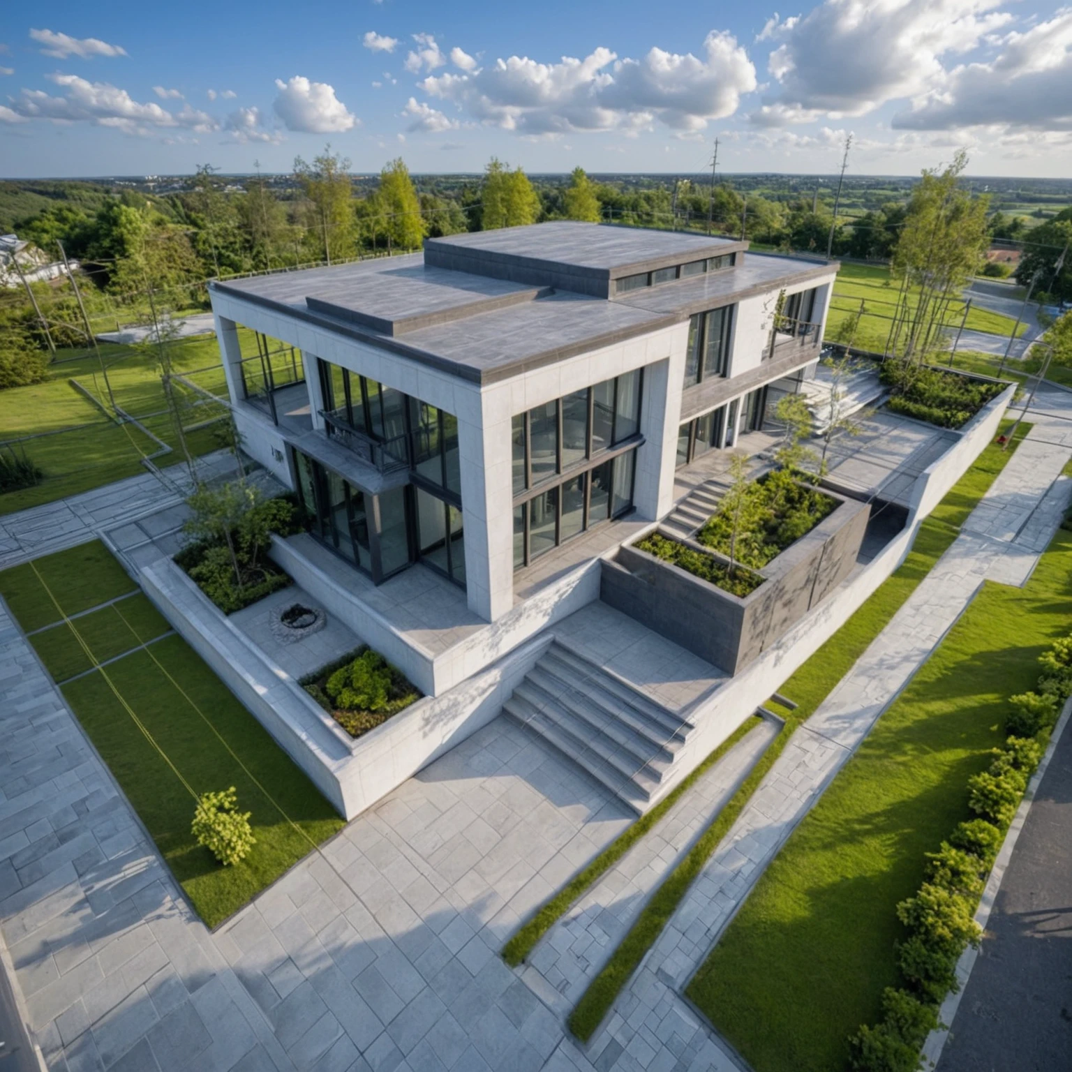 Masterpiece, 4k pixcel, high quality, best quality, authentic, super detail, outdoors, onestoreyvillaXL, aiaigroup, house style modern on the street ,stairs, white wall ,road,pavement, grass, trees, sky, cloud, (daylight:1.1), topview
