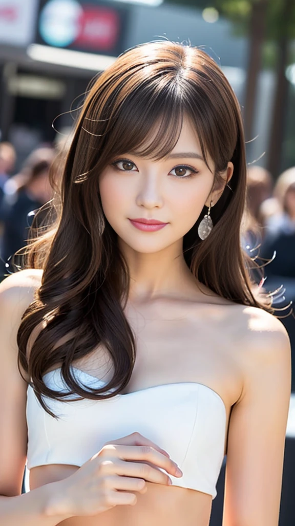 masterpiece, Highest quality, Realistic, Highly detailed CG integrates 8K, 8K,(Very beautiful face, Beautiful Lips, Beautiful Eyes), Exquisitely detailed face,1 Girl, Very beautiful girl,Exquisite eye makeup,Subtle eye detail,The best example of four fingers and one thumb,Toned figure,Nice and beautiful smile,明るいLong Hair,transparent, Quality hair,(masterpiece, Highest quality:1.2),alone,The eyes are exquisite and delicate,Brown Hair、Long Hair、Pink Lips,blue eyes,Big Breasts、Wavy Hair、((Race Queen Cosplay)))、Japanese、25-year-old female