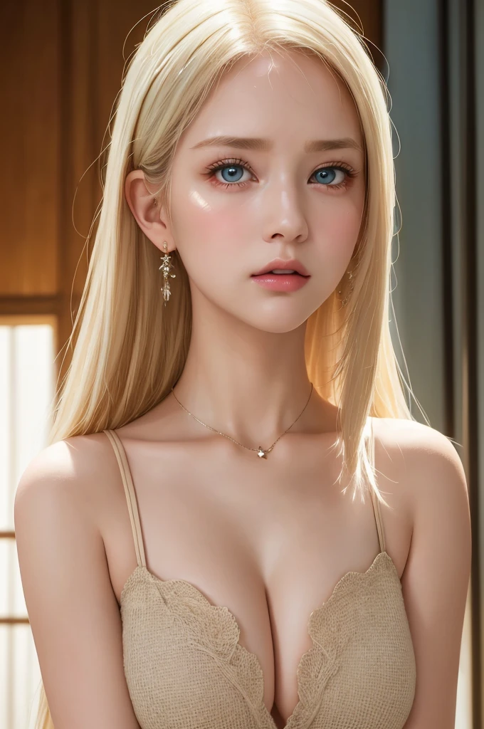 (masterpiece), (best quality), Ultra-high resolution, Raw photo, A photo-realistic, super cute woman, 1girl, (perfect face:1.2), (beautiful face:1.2), platinum blonde hair, (close up, upper body:1.3), sad expression, looking at viewer, pose, vivid outfit, indoors, day time, intricate, depth of field, cinematic lighting, tears
