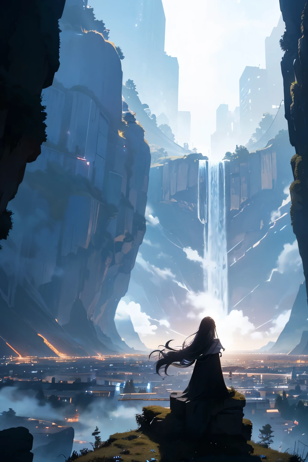 Masterpiece, top-notch quality, 16K UHD,
sitting,
Night scene, lone men's, solo, outdoors,
Starry sky above, vast and majestic, filled with twinkling stars and the faint glow of the Milky Way,
surrounded by the cityscape, tall buildings standing like sentinels against the night,
a single tree nearby, its silhouette against the sky a testament to nature's beauty,
the woman's long hair catching the light from the stars, a glimmering halo around her head,
her hair cascading down her back like a waterfall of silver,
a cityscape behind her,