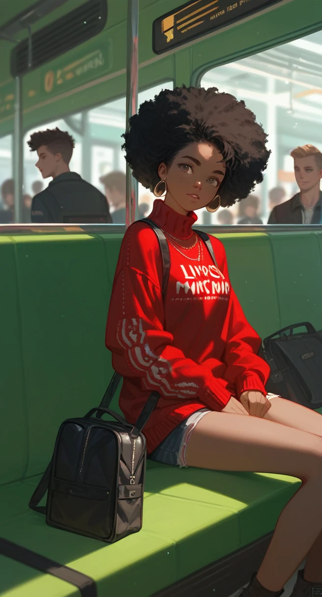 A black Afro American teenager with twists wearing a red sweater who sits at the center in a vibrant crowd of millions of black people in a green train station
