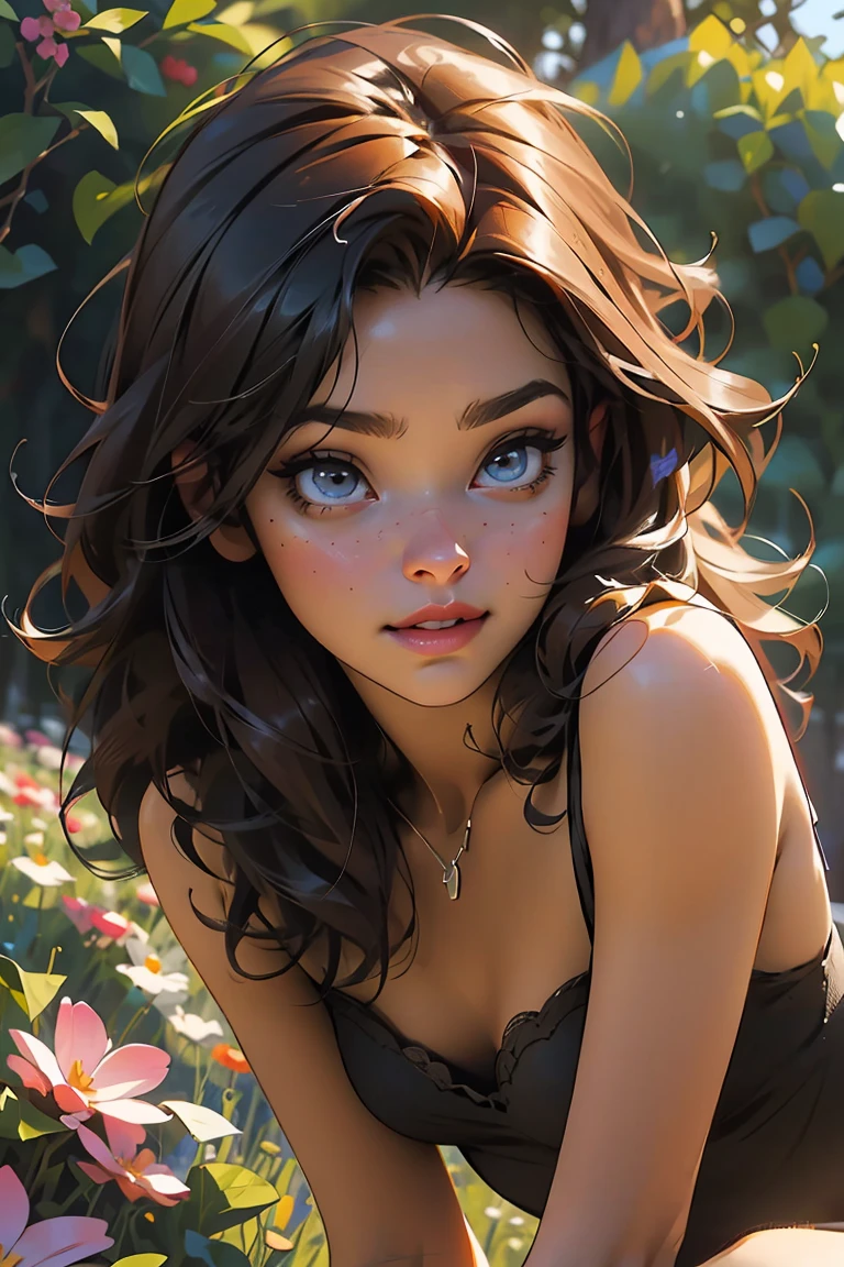 melancholy lighting, quiet, calm, brightness, masterpiece, best quality, 1girl, (JinxLol:1.2), (ultra photorealistic:1.3), (masterpiece:1.4), best quality, ((realistic)), high quality, ultra detailed, ((Real image)), ((realistic skin)), ((realistic face)),(illustration:1.05), (beautiful:1.05), (beautiful detailed eyes:1.05), (cinematic light:1.1), Full body, precise proportions, 25-year-old woman, skinny model lying on the grass, surrounding garden, tree shadow, DARK hair fluttering in the wind, tulle, long legs, slightly open feet, buttocks, blush, shyness, collarbone, abdominals, double weave, beautiful and delicate face, fair skin, real skin, (face detail), pores, super high resolution, 8k, parameters Best quality, masterpiece, super high resolution, (Realistic 2.0), More details, detailed skin, , wide smile, white teeth, voluminous DARK curly hair, perfect and well designed eyes, girlfriend, beautiful, beautiful, flowers, studio lighting