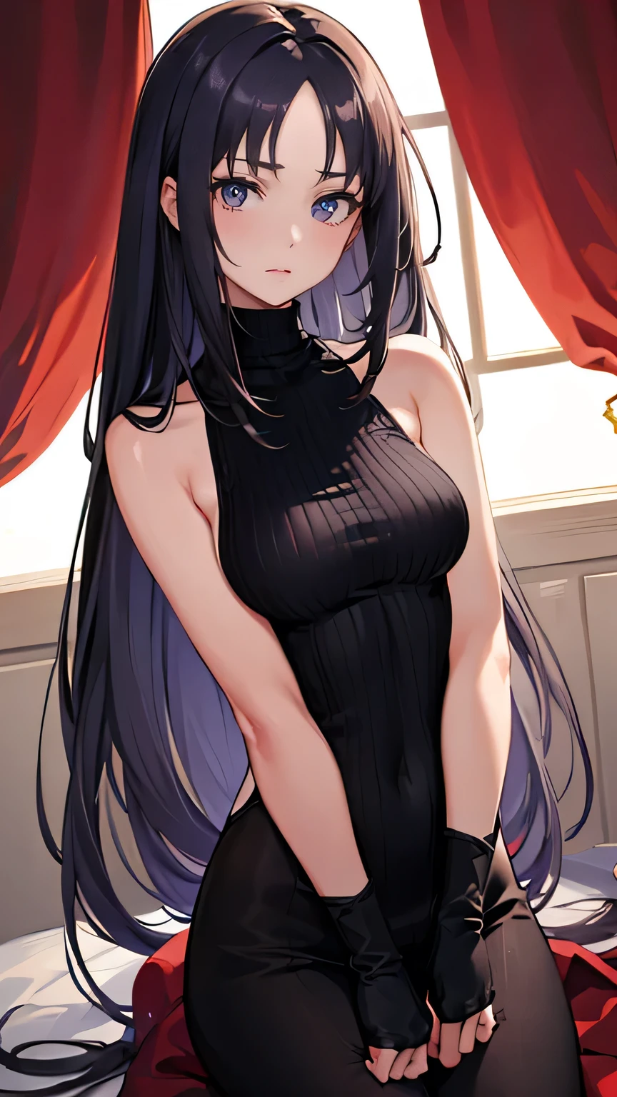 ((masterpiece)), accurate, high details, (detailed eyes), best quality, highres, super detail, Turtleneck sweater, sleeveless, lavender colored clothing, black hair, long hair, hair two side up, straight hair, mole under eye, rimless eyewear, Inside the room, afternoon sun, Put her hands behind her back