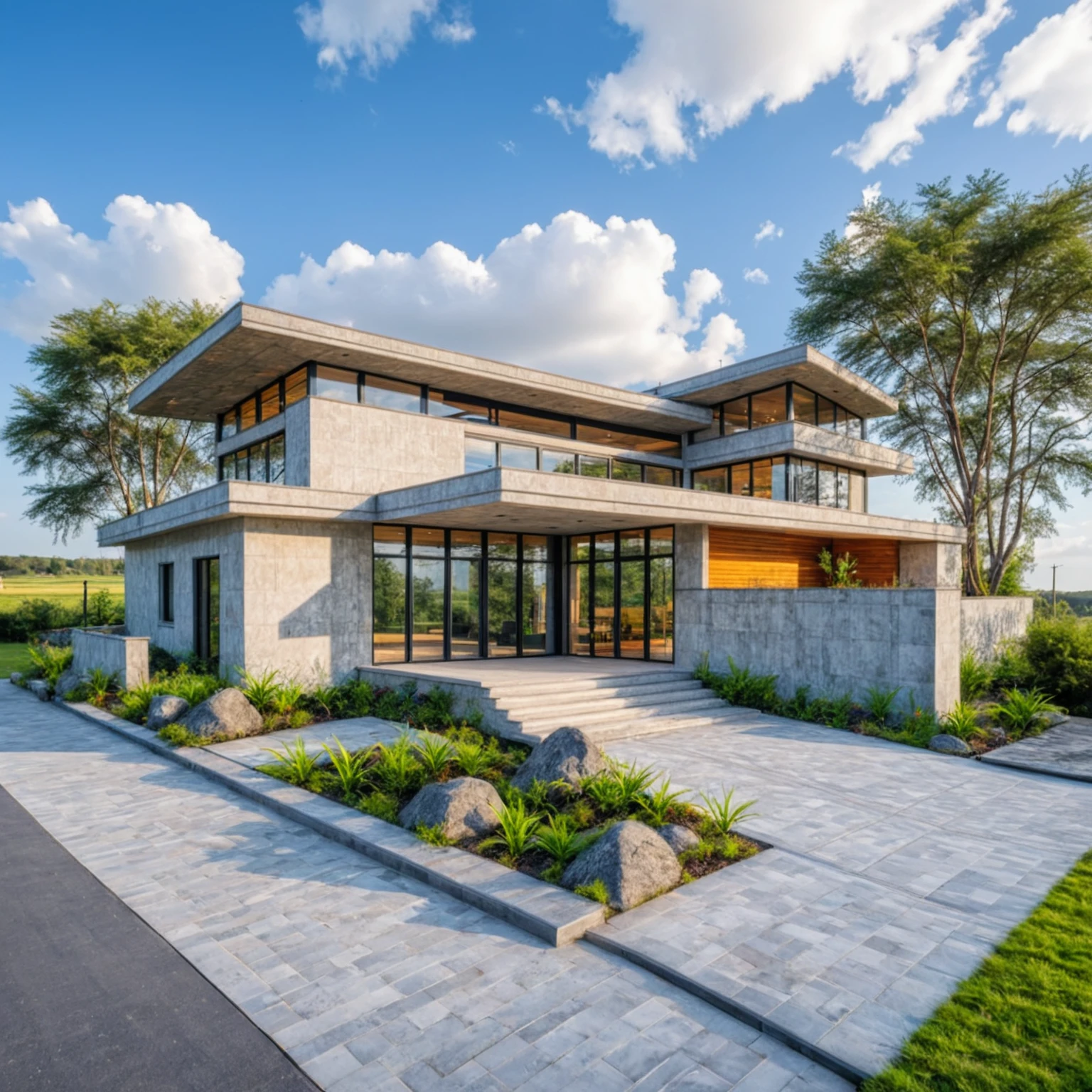 Masterpiece, 4k pixcel, high quality, best quality, authentic, super detail, outdoors, onestoreyvillaXL, aiaigroup, house style modern on the street ,stairs, white wall ,road,pavement, grass, trees, sky, cloud, (daylight:1.1)