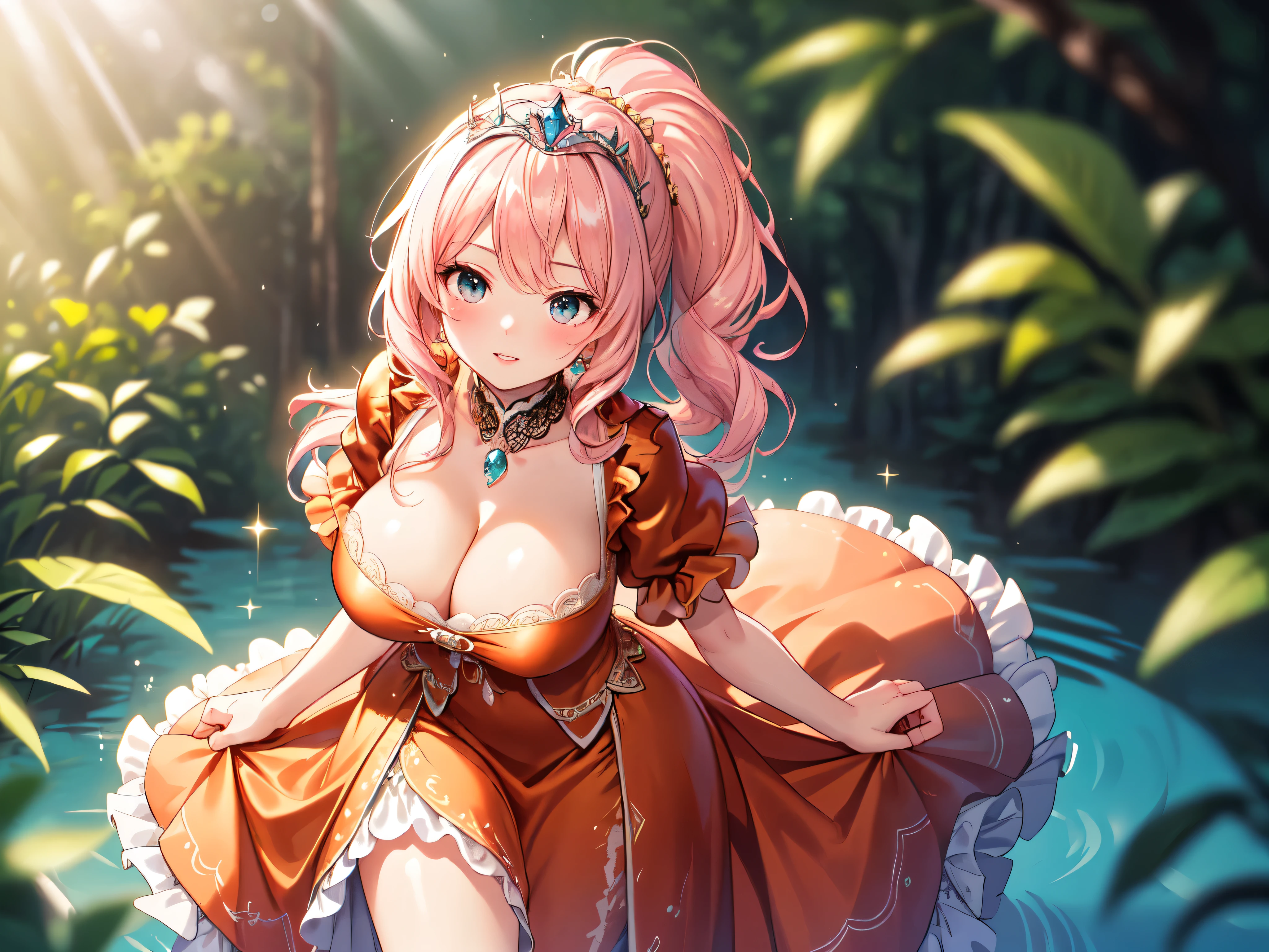 (((masterpiece))), (((best quality))), (((ultra detailed))), ((an extremely delicate and beautiful)), (unity 16k wallpaper), (Moe anime art style:1.3), 
BREAK 
(((solo princess young face))), (18 years old), (huge breasts cleavage focus), sweat on the chest, 
BREAK 
(ponytail pink fluffy hair:1.5), Curly Hair, (Expressive hair), (very voluminous long hair), Spreading hair, bangs, Beautiful tiara silver and jewels,,,,,,,,,,,,,,,,,,,,,,,,,,,,,,,,,,,,,,,,,,,,,,,,,,,,,,,,,,,,,,,,,,,,,,,,,,,,,,,,, 
BREAK 
(super delicate and beautiful face:1.3), ((hyper detail delicate beautiful)), ((beautiful lips)), (face focus:1.1), beautiful smile,,,,,,,,,,,,,,,,,,,,,,,,,,,,,,,,,,,,,,,,,,,,,,,,,,,,,,,,,,,,,,,,,,,,,,,,,,,,
BREAK 
((Gorgeous rococo English gown dress in dark orange satin:1.3)),  ((with long hem and voluminous hoop skirt at full length)), ((and over skirt with plenty of frills and luxurious embroidery and precision lace fabric)), A gorgeous Rococo Marie Antoinette English gown dress with a long hem and voluminous full-length hoop skirt 　and over skirt with plenty of frills and luxurious embroidery and precision lace fabric,, BREAK 
((cowboy shot)), (looking up, from front, leaning forward, from above), (depth of field:1.9), (blurry background:1.2), (backlighting:1.3), (nature:1.3), (walking on water in forest), (light sparkles), light rays, (light leaks:1.3), 