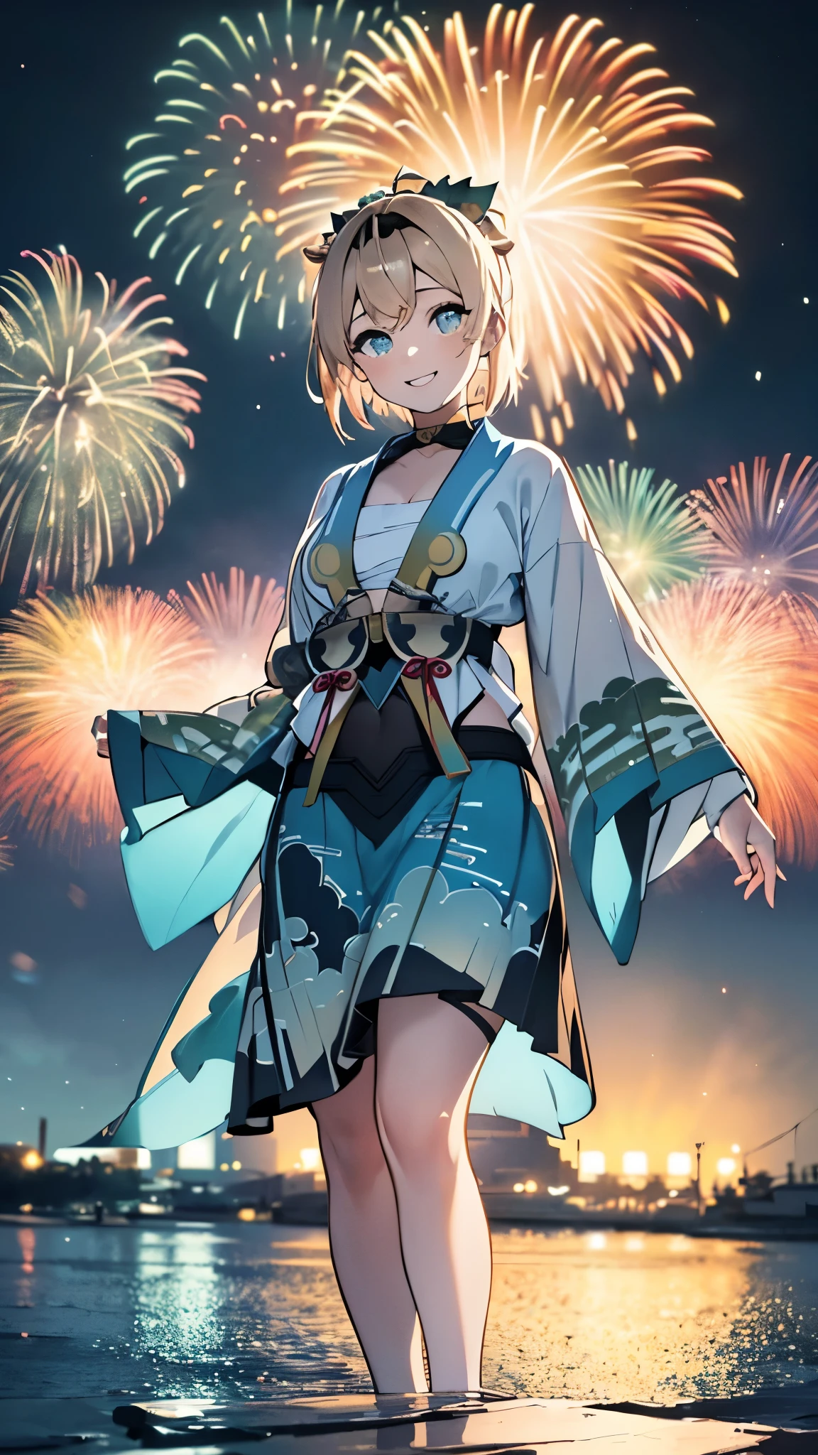 (masterpiece, Highest quality, Super detailed),One girl,((super fine illustration)),((cute eyes,highly detailed skin)),((smile)),(well endowed,Blessed,Captivating body、Detailed Background)、((Blue yukata、Blue kimono)),firework,(大量のfirework,Night view,Ocean)、Festivals