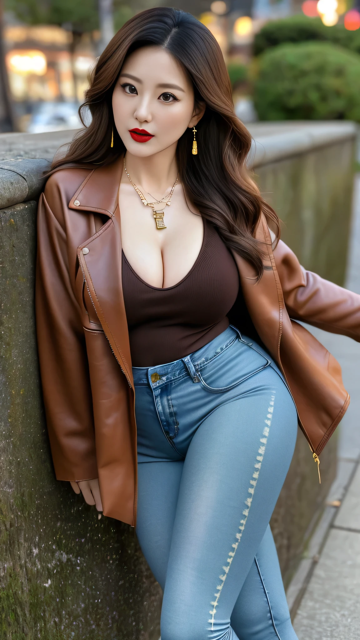 Japanese mature woman, (outdoor seaside background), brown leather jacket (no cleavage), thighs, makeup, (lipstick: 1.1), (eyeliner: 1.2), mascara, eye shadow, outdoor sports, earrings, necklace, (denim leggings), wrinkles at the corners of the eyes, mouth lines, high-necked knitted top, full-body photo, standing 35 years old, big eyes, elegant temperament, (masterpiece: 1.2, best quality), real, (real situation, 45 years old, exquisite details, depth of field, high-necked clothes), meticulous, very detailed content, this is a perfect face, perfect figure, big model, mature woman, 8K, best quality, masterpiece, ultra-high resolution, (real: 1.4), original picture, stay focused, rich details, drama, exquisite beauty, long curly hair, dynamic angle, (red lips), exquisite graphics, sneakers, casual sexy pose