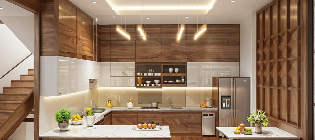 minimal kitchen interior, walnut panel and white panel rough-hewn material, exposured wood, stucco wall, tiled floor, refrigerator, cozy lighting