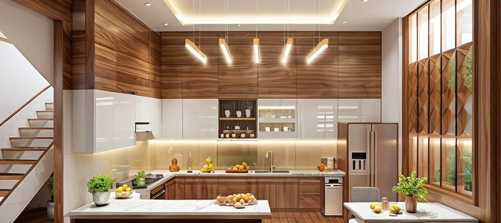 minimal kitchen interior, walnut panel and white panel rough-hewn material, exposured wood, stucco wall, tiled floor, refrigerator, cozy lighting