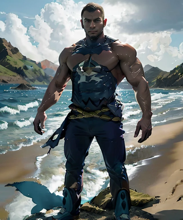 aqua_admin_matt, standing, looking at viewer,rugged body,wide arms,wide shoulders,wide chest,wide legs,wide feet,power body, mountain,sea,waves,((art by takahirosi))