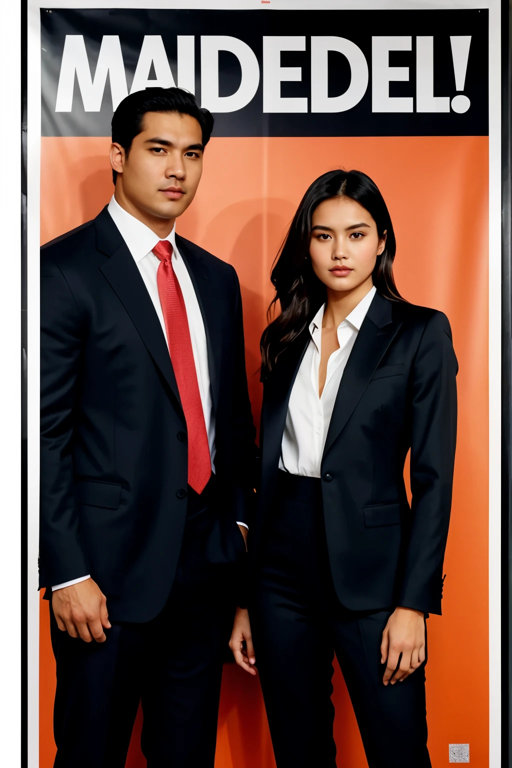 A Big poster with a face of a model and her bodyguard is standing beside it