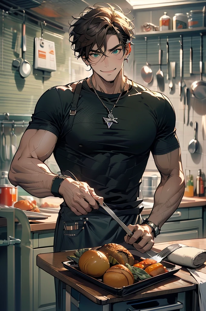 (masterpiece, highest quality, best quality, highest detailed, perfect face) 1 male, adult, muscular, wide man, angular face, brown hair tied in a bun, green eyes, (Clothes: black compression t-shirt, kitchen accessories, apron) in a fast food kitchen, cooking, a lot of food, lustful smile, licking lips