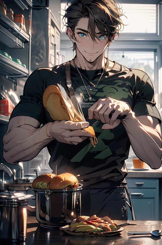 (masterpiece, highest quality, best quality, highest detailed, perfect face) 1 male, adult, muscular, wide man, angular face, brown hair tied in a bun, green eyes, (Clothes: black compression t-shirt, kitchen accessories, apron) in a fast food kitchen, cooking, a lot of food, lustful smile, licking lips