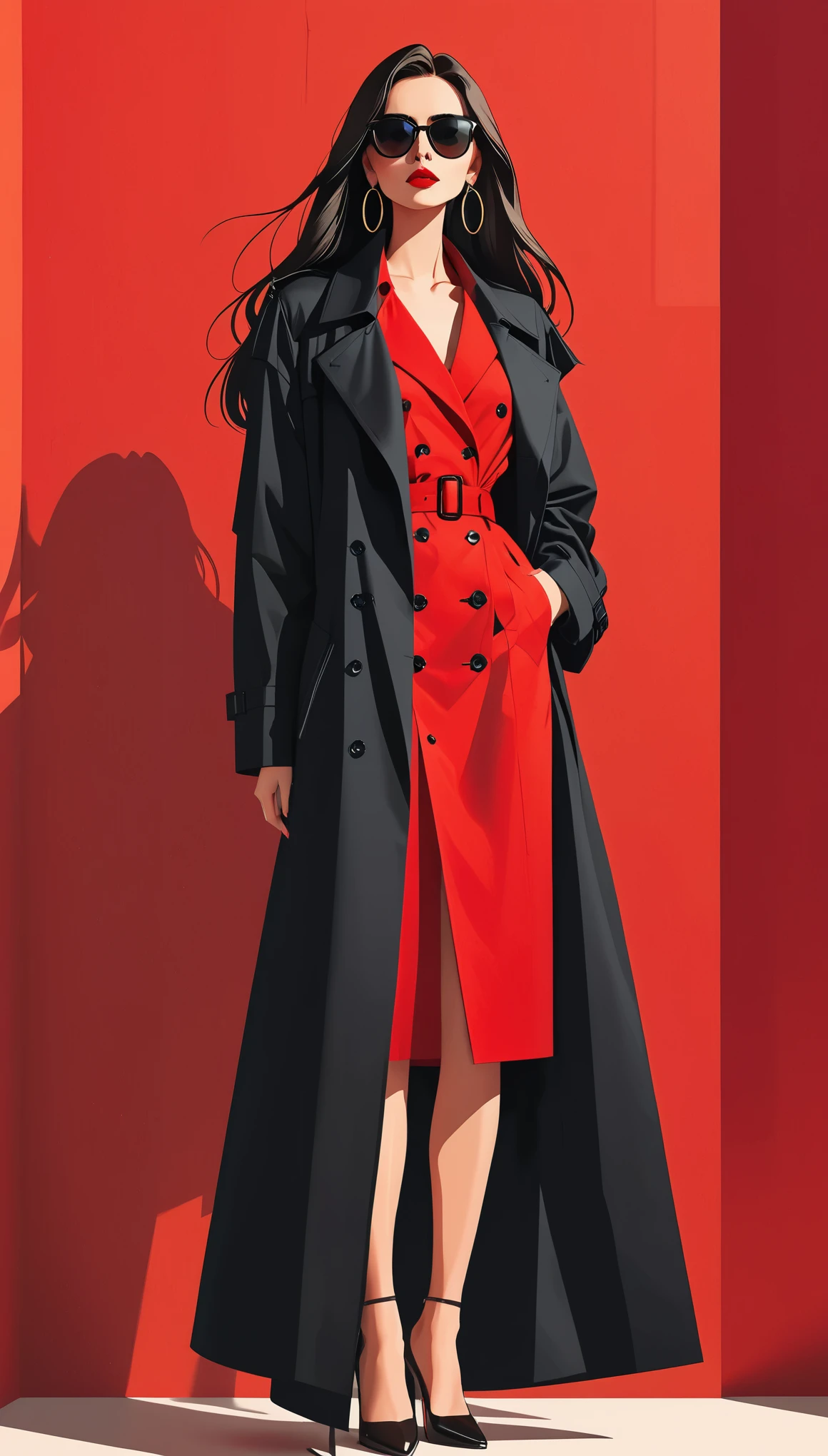 Simple vector illustration，Beautiful girl standing against the wall，Unique，confidence，Long straight hair，sunglasses，Exaggerated earrings，Unique，Staring at the audience），（Black deep V trench coat：1.37，Red bottoming skirt）。Looking from the bottom up，Geometric Light and Shadow，Clean and simple red background