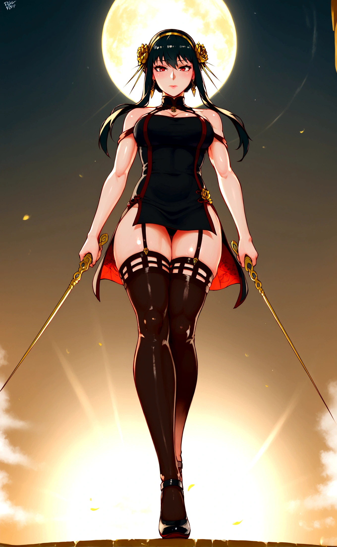 XUER Yor Forger,1girl,yor briar,solo,dual wielding,red eyes,holding,dress,thighhighs,black hair,jewelry,black dress,earrings,black thighhighs,from below,floral print,hairband,gold hairband,two-sided dress,breasts,holding weapon,sidelocks,hair ornament,long hair,floating hair,two-sided fabric,china dress,flower,chinese clothes,short sleeves,bangs,closed mouth,hair flower, fish eye, "long shot scenic professional photograph of {prompt}, perfect viewpoint, highly detailed, wide-angle lens, hyper realistic, with dramatic sky, polarizing filter, natural lighting, vivid colors, everything in sharp focus, HDR, UHD, 64K"