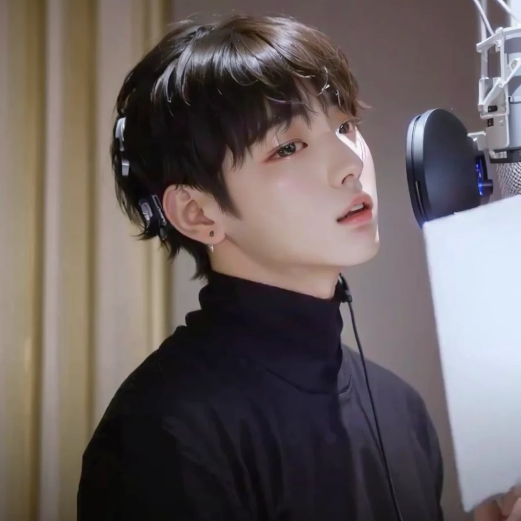 a close-up of a person in a recording booth with a microphone, Jungkook, Jinyoung Shin, cai xukun, hyung tae, inspired by Kun Can, Kim Doyoung, inspired by Bian Shoumin, Hong Jun Hyung, yanjun chengt, inspired by Kim Myeong-guk, adorable and pale korean face, Inspired by Song Maojin, vocalist, young pale angel