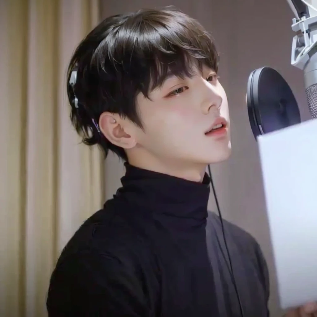 a close-up of a person in a recording booth with a microphone, Jungkook, Jinyoung Shin, cai xukun, hyung tae, inspired by Kun Can, Kim Doyoung, inspired by Bian Shoumin, Hong Jun Hyung, yanjun chengt, inspired by Kim Myeong-guk, adorable and pale korean face, Inspired by Song Maojin, vocalist, young pale angel