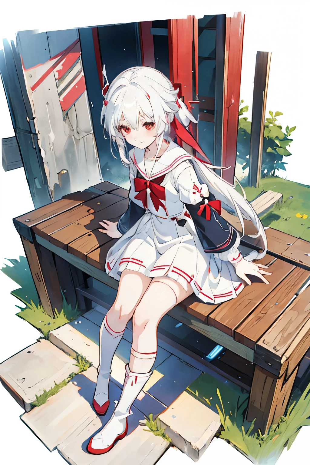 Anime Girls with white hair and red bow sitting on the ground, Sailor dress, Cute girl anime visuals, young Anime Girls, Anime Best Girl, (Anime Girls), pretty Anime Girls, White Hair Girl, beautiful Anime Girls, White background、Full-body portrait、Brown boots、Red Eyes、Marine color dress、Knee-high socks、whiteback、Standing girl,Stand Up