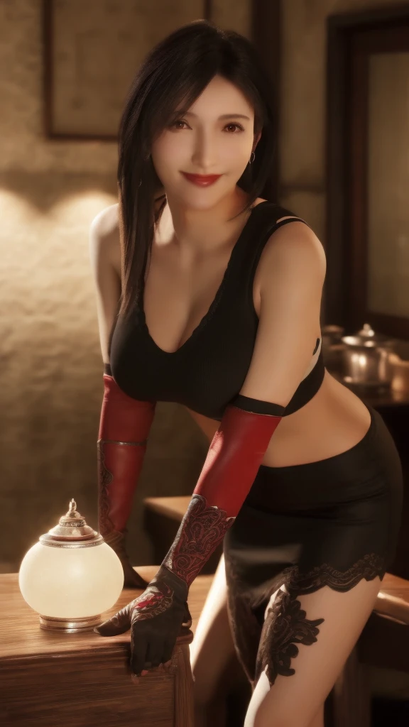 (8K, highest quality, table top:1.4), (intricate details:1.3), (realistic), (super detailed), 1 girl, alone, Beautiful woman, mature woman, (Sensual smile:1.35), Front view, (leaning forward:1.2), looking at the viewer, tropical resort, detailed long hair, (fluffy long black hair), fine eyes, hourglass body shape, (Sensual curvy body:1.1), medium breasts, thick thighs, wide hips, small waist, white tanktop, black mini skirt, realistic lighting, natural soft light, dynamic lighting, red eyes, show cleavage, sleeveless, arms gloves, no bra