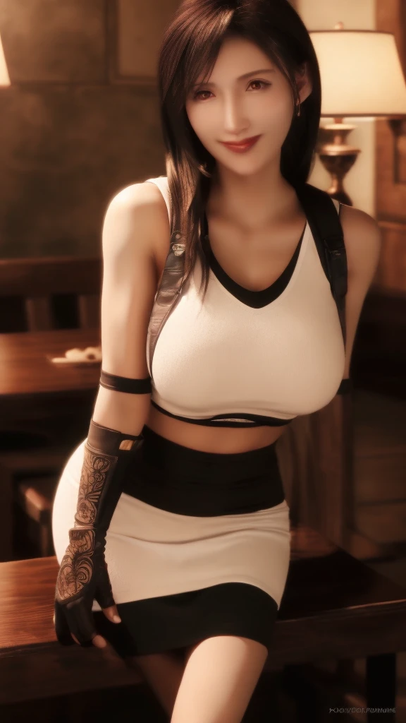 (8K, highest quality, table top:1.4), (intricate details:1.3), (realistic), (super detailed), 1 girl, alone, Beautiful woman, mature woman, (Sensual smile:1.35), Front view, (leaning forward:1.2), looking at the viewer, tropical resort, detailed long hair, (fluffy long black hair), fine eyes, hourglass body shape, (Sensual curvy body:1.1), medium breasts, thick thighs, wide hips, small waist, white tanktop, black mini skirt, realistic lighting, natural soft light, dynamic lighting, red eyes, show cleavage, sleeveless, arms gloves, no bra