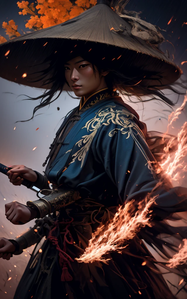 Painting, a Chinese warrior with his holding a sword, swirling cyclone, bamboo hat, super wide-angle lens, colorful arrangements, shige's visual aesthetic style, made of flowers, claire-obscure lighting, dark orange and teal, i can't believe how beautiful this is, in the style of zhang jingna, photomontage, hirohiko araki, oriental, sergio toppi, theatrical, feminine sensibilities
