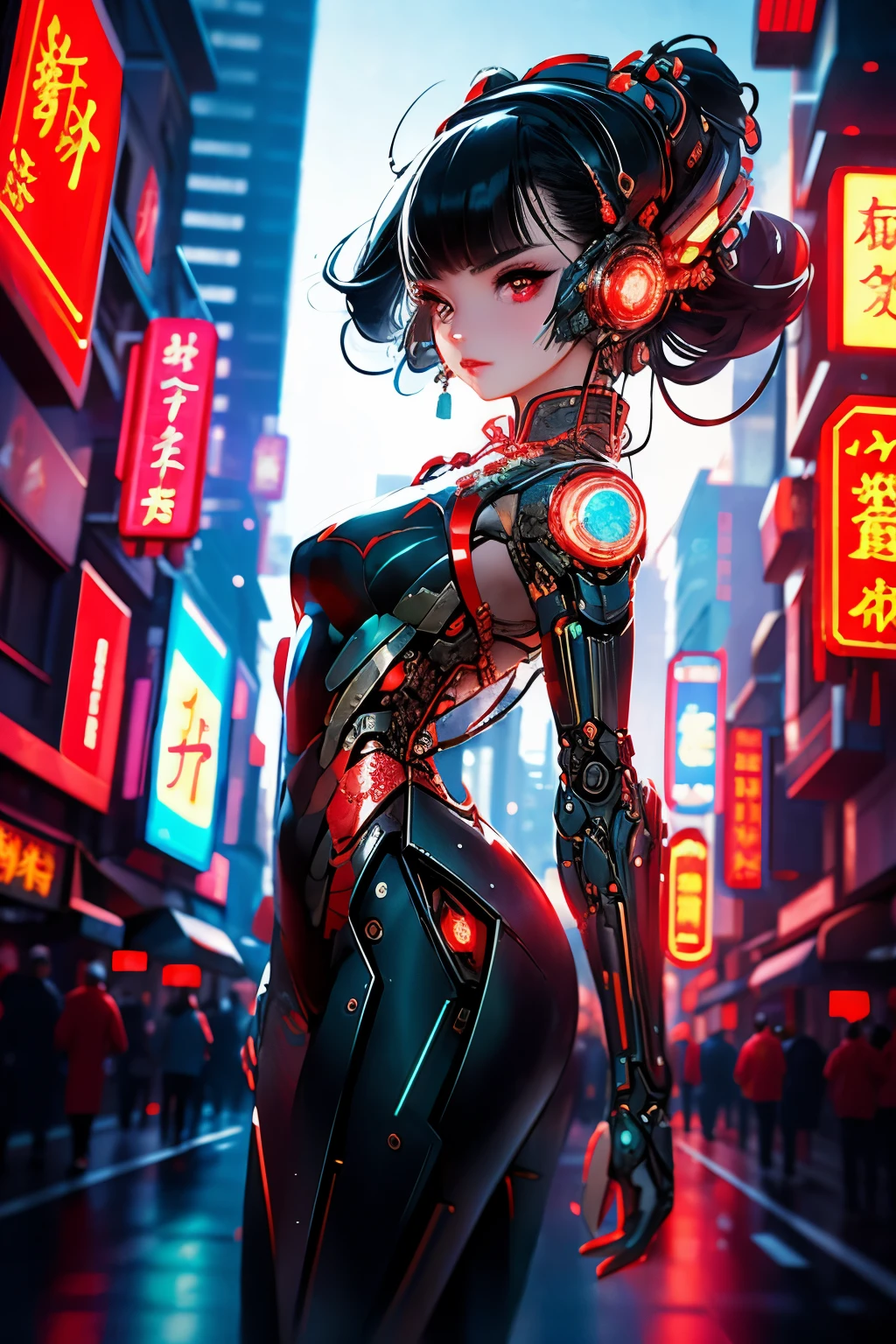 Game Cover:1.5), (masterpiece:1.2), (best quality:1.2), highest quality, most absurd, 8k wallpaper, HDR, Complex functions, lovely, intricate eyes, Raytracing, perfect face, octane render, ,, sexy lips,
(gigantic and massive tits:1.1), breasts, official Illustration, Illustration, detailed face, titsnipples, butt, prey,1 girl, alone, cyberhanfu, long sleeve, chinese_attire, in red and black, cyberpunk city, dynamic pose, headdress, Hair decoration, Long hair, cyberpunk, eine Hightech-Stadt, full of machinery and futuristic element, futurism, Technologie