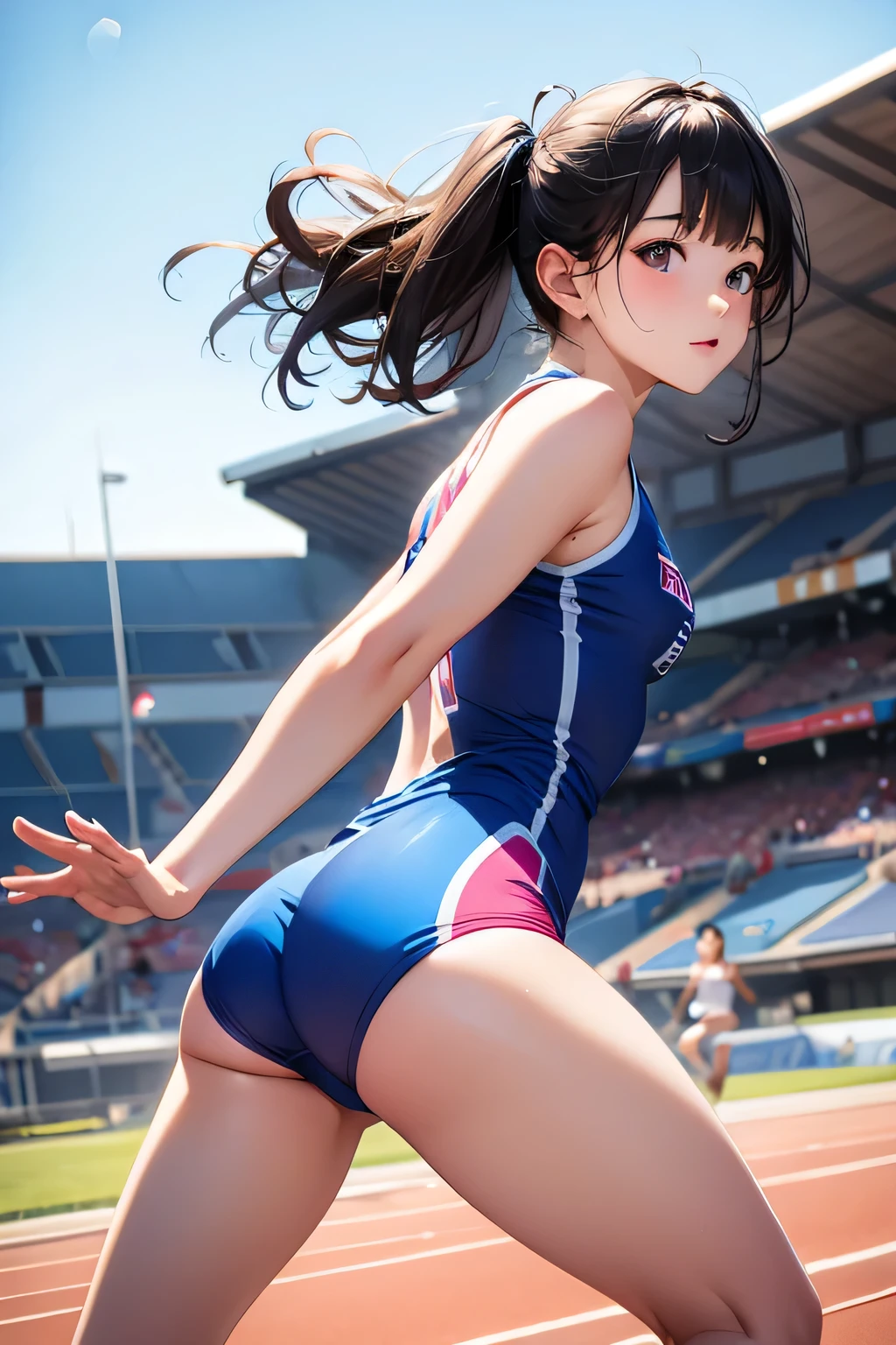 Highest quality、High resolution、Detailed Background、(Beautiful face in every detail:1.2)、Normal number of fingers、Anatomically correct、Teenage beauty、Detailed face、Cute hair colour、Sexy sportswear、Track and field athlete、Attractive ass、(Shooting from behind while running:1.5)、Dynamically expressing acceleration