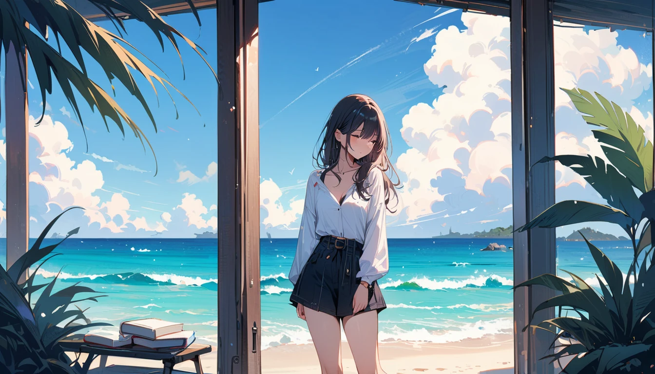 (masterpiece, Highest quality:1.2), 1 Girl, alone,Eyes open,I have a book,Tropical atmosphere,Ocean