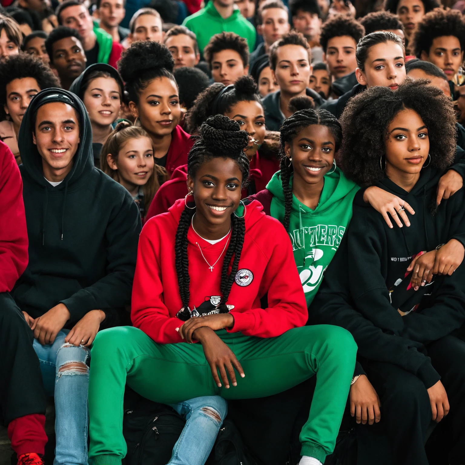 A black Afro American teenager with twists wearing a red sweater who sits at the center in a vibrant crowd of millions of black people in a green train station