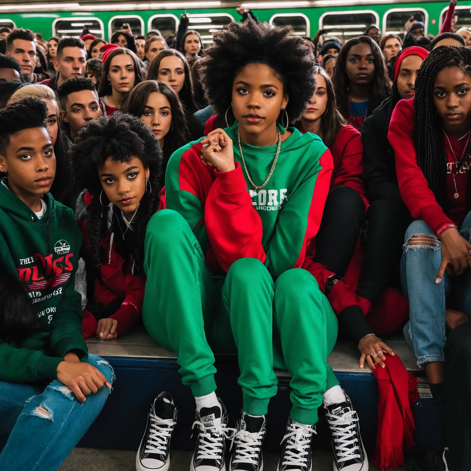 A black Afro American teenager with twists wearing a red sweater who sits at the center in a vibrant crowd of millions of black people in a green train station