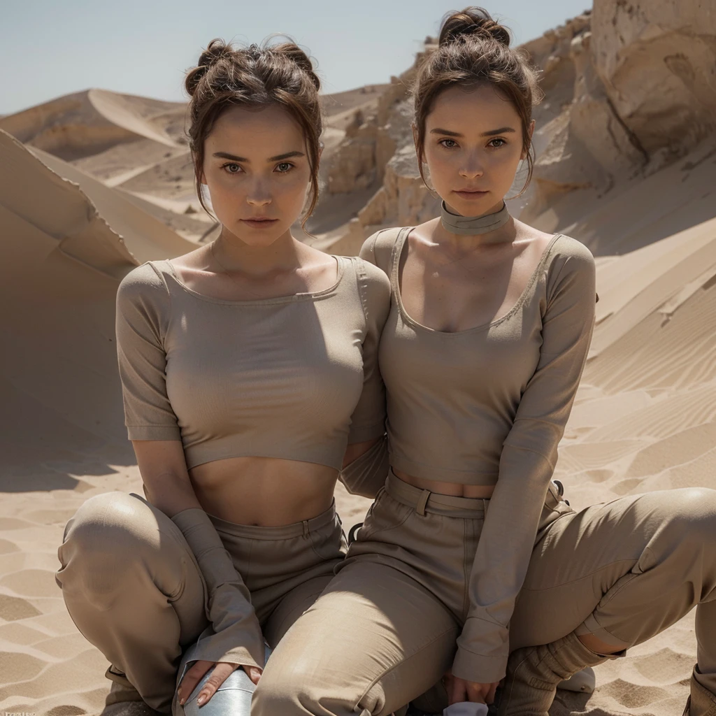 Photographie ultra réaliste d'une cosplayeuse incarnant Rey de "Star Wars". She has brown hair tied in three small buns in a row., and expressive brown eyes. Elle porte une tenue inspirée de Rey, composed of a beige top in light fabric, brown pants, sturdy boots, and bandages wrapped around his arms. Elle tient un sabre laser bleu avec assurance, Ready to fight. The background is a desert with sand dunes, évoquant la planète Jakku. La lumière du soleil couchant crée une ambiance épique et héroïque. La photo est en haute résolution, photorealistic, avec une profondeur de champ parfaite, cinematic light and exquisite detail. 8K, masterpiece, HD, photorealism, contraste parfait, High sharpness.
