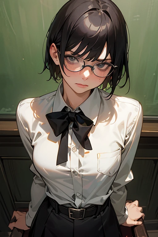(masterpiece, Highest quality: 1.2), night(Chainsaw Man),(Highly detailed face, The real picture, Realistic Skin, Realistic body, Intricate details), (Intimidating look), A slight blush, Social attire, Half-open button-up shirt (white), whiteいブラジャー, skirt (black), black belt with buckle, short hair, Glasses, Small breasts, close, Big thighs, classroom, blackboard.