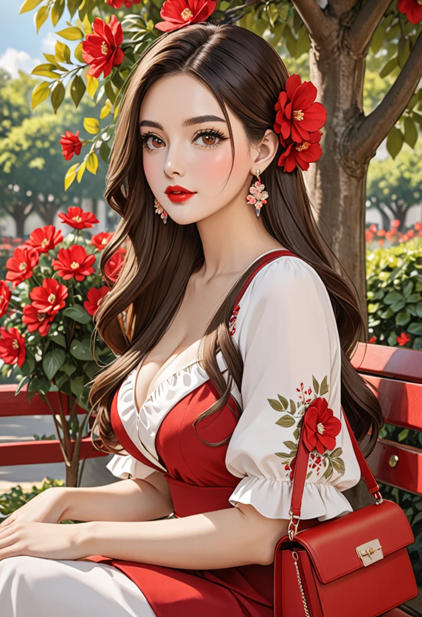 1girl solo long hair breasts looking at viewer brunette headgear dress brown eyes jewelry sitting upper body string flower earrings outdoors hair flower bag tree leaves handbag red lips bench