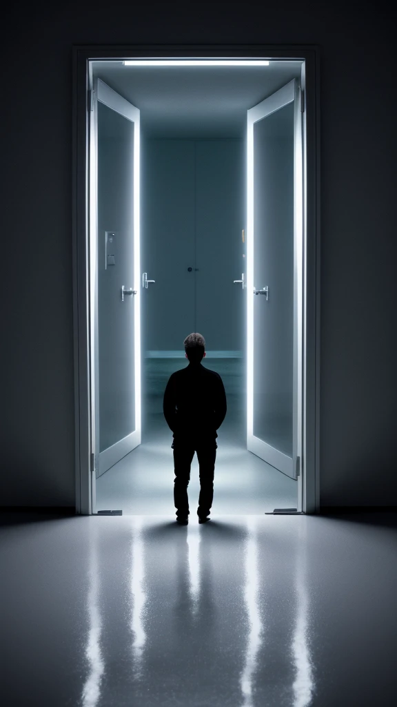 create this scene Upon opening the door, he was sucked into a vast, empty space, lit by flickering fluorescent lights.