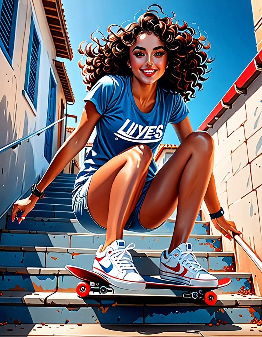 She has dark brown curly hair, expressive brown eyes, a captivating smile and a confident posture. Her skin is light brown and she wears comfortable sportswear in shades of blue, white and red, such as t-shirts, pants and sneakers.
A woman on a skateboard jumping down the stairs, inspired by Rossdraws. The digital illustration features beautiful detailed eyes, beautiful detailed lips, extremely detailed eyes and face with long eyelashes. The pose is dynamic, capturing the moment in the air, with a feeling of adrenaline and motion blur.
The scene has studio lighting, vibrant and highly detailed colors, cinematic lighting, dramatic shadows, and is photorealistic, in 8k, hyperrealistic. Digital painting is conceptual art with a dynamic composition, making it a true masterpiece. Captured with a wide-angle fisheye lens.