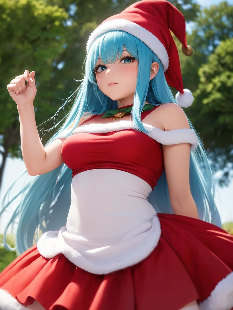 ((top quality)), ((masterpiece)), (Miniskirt with Santa Claus detailing), Red Santa Dress, Santa hat,perfect face, 1 girl, Aqua Konosuba