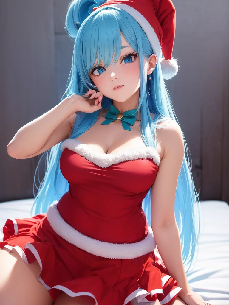 ((top quality)), ((masterpiece)), (Miniskirt with Santa Claus detailing), Red Santa Dress, Santa hat,perfect face, 1 girl, Aqua Konosuba