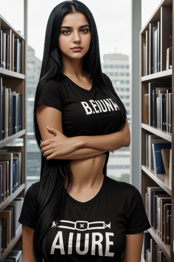 A young, fair-skinned voluptuous German american woman with long, straight black hair and black eyes, wearing tshirt and with detailed word DUA. She looks fierce and friendly. She is looking at the camera in what appears to be a library in the background. More animated features